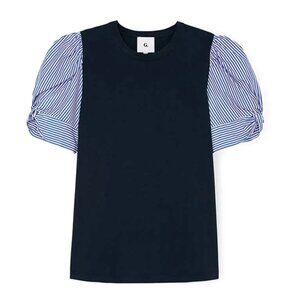GWYN Sz 4 G. Label by Goop Mixed Media Top Puff Sleeve Navy Stripes T-Shirt